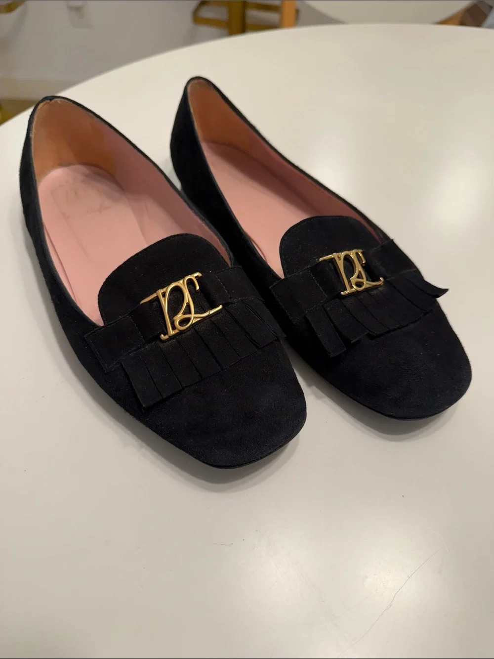 Pretty Ballerinas Black Suede Fringe Loafers with Gold Logo